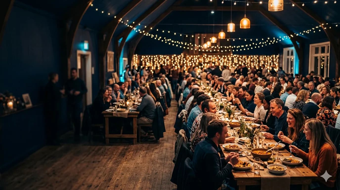 Gasten aan lange tafels op een eetfestijn van een vereniging
