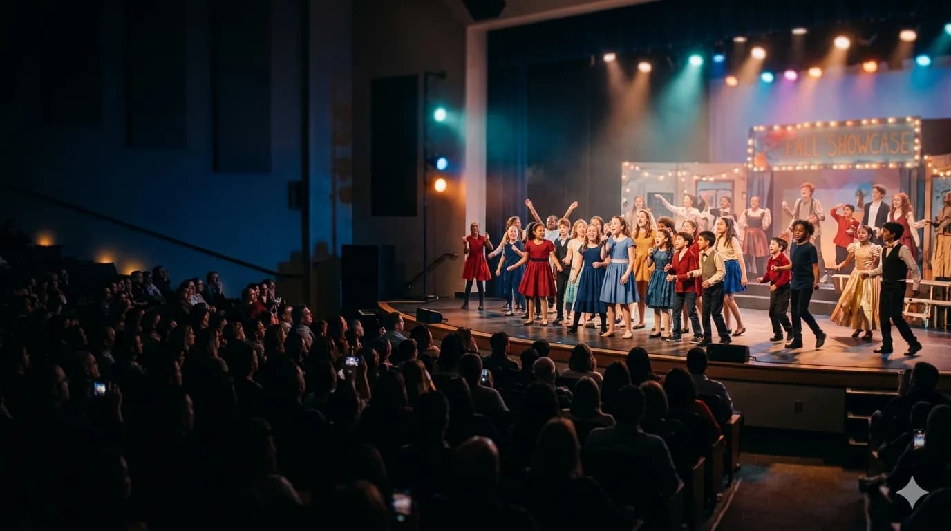 Schoolfeest met publiek in een feestelijk versierde zaal