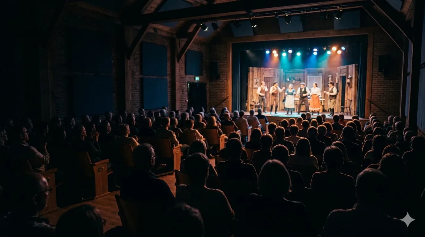 Volle zaal tijdens een voorstelling: het publiek kijkt naar het verlichte podium